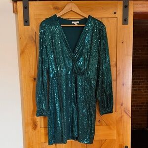 Nine West Teal Sequin V-Neck Long Sleeve Tunic Dress